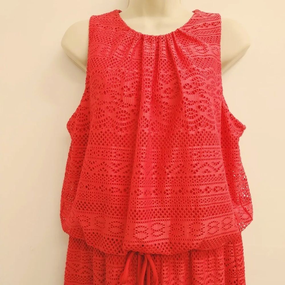 London Times Dress Women Size 12 Red Sleeveless Round Neck Midi Crochet Style - Picture 2 of 13